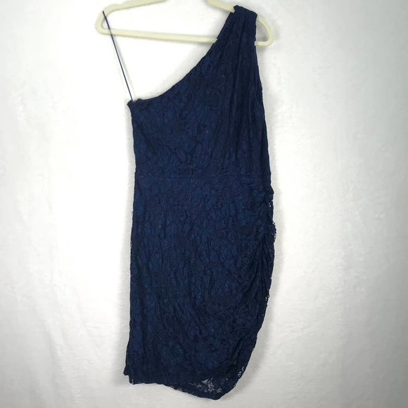 NWT Sam Edelman Womens One Shoulder Lace Ruched Dress Size 10 Navy  Bodycon - Picture 10 of 12